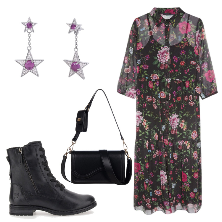 Outfit donna - Romanticismo a fiori. Stile Trendy per Tutti i giorni. Abbinamento con orecchini, pochette, vestiti lunghi, anfibi.
