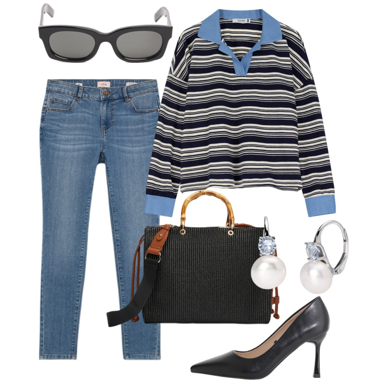Outfit donna - Tacchi e via. Stile Casual chic per Tutti i giorni. Abbinamento con orecchini, maglieria, décolleté, jeans skinny, occhiali da sole, borse a mano.
