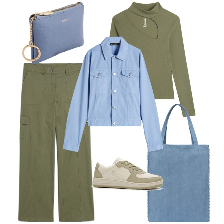 Outfit donna - Utility soft. Stile Minimal per Tutti i giorni. Abbinamento con pantaloni cargo, sneakers, borse tote, maglieria, blazer, portamonete.