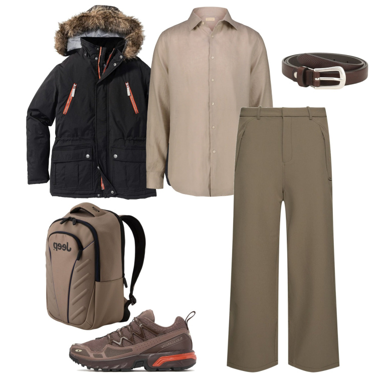 Outfit uomo - Inverno freddo. Stile Business/Elegante per Ufficio. Abbinamento con parka, cinture, camicie, pantaloni, sneakers, borse sportive.