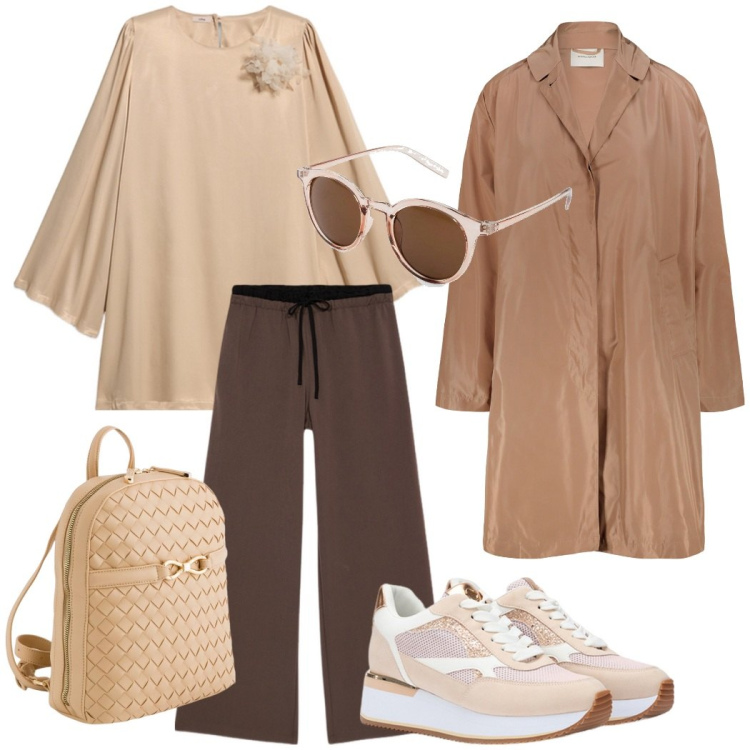 Outfit donna - Total look #2102442. Stile Casual chic per Tutti i giorni. Abbinamento con occhiali da sole, trench, sneakers, pantaloni a palazzo, vestiti corti, zaini.