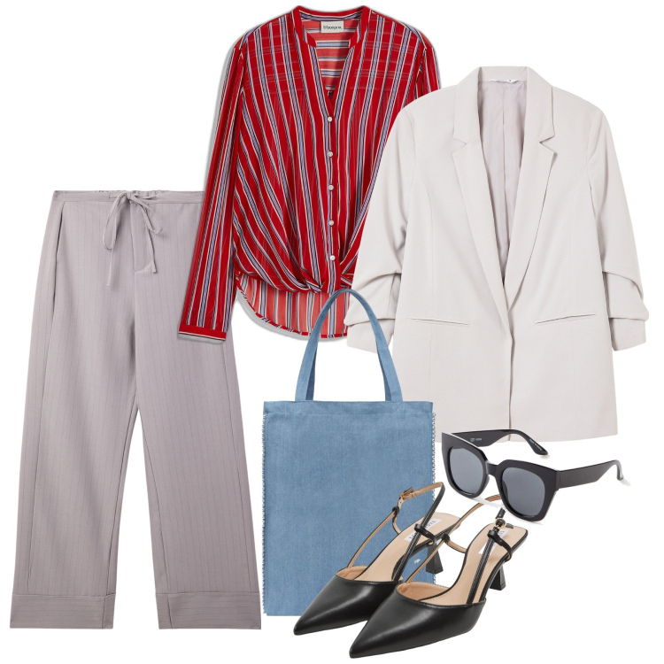 Outfit donna - Over e chic. Stile Chic per Tutti i giorni. Abbinamento con camicie, occhiali da sole, blazer, sabot, borse tote, pantaloni.