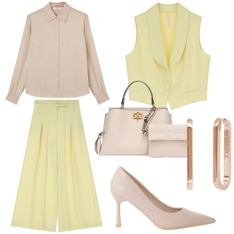 Outfit donna - Giallo burro @pamela. Stile Casual chic per Ufficio. Abbinamento con orecchini, pantaloni, décolleté, gilet, borse a mano, camicie.