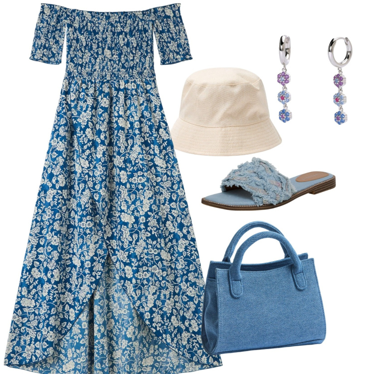 Outfit donna - Fiori in mostra. Stile Casual per Tutti i giorni. Abbinamento con vestiti lunghi, ciabatte, cappelli, borse a tracolla, orecchini.