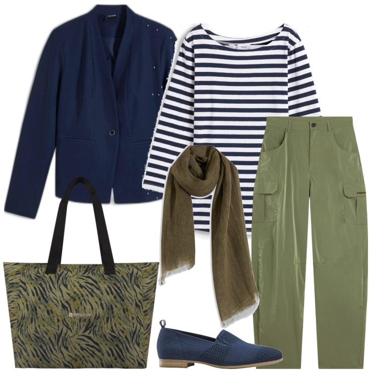 Outfit donna - Total look #2102460. Stile Casual per Tutti i giorni. Abbinamento con maglieria, blazer, mocassini, sciarpe, pantaloni cargo, shopping bag.