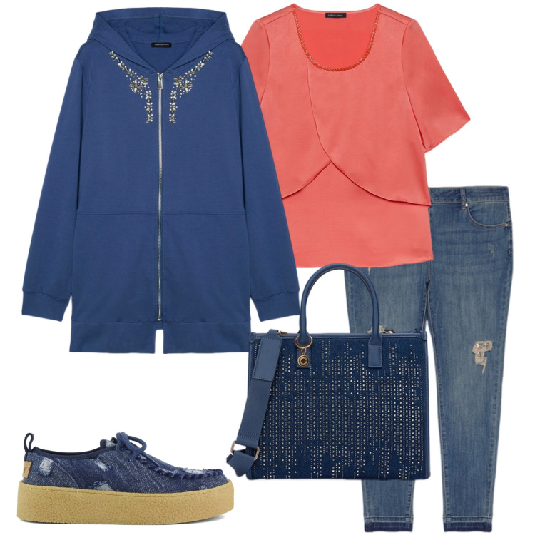 Outfit donna - Comoda in ufficio. Stile Casual per Ufficio. Abbinamento con jeans strappati, mocassini, bluse, felpe con cappuccio, borse a mano.