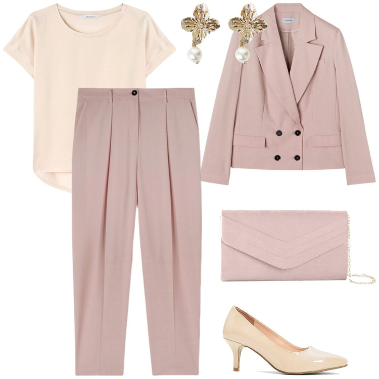 Outfit donna - Total look #2102464. Stile Mannish per Cerimonia. Abbinamento con pochette, décolleté, orecchini, pantaloni, t-shirt, blazer.