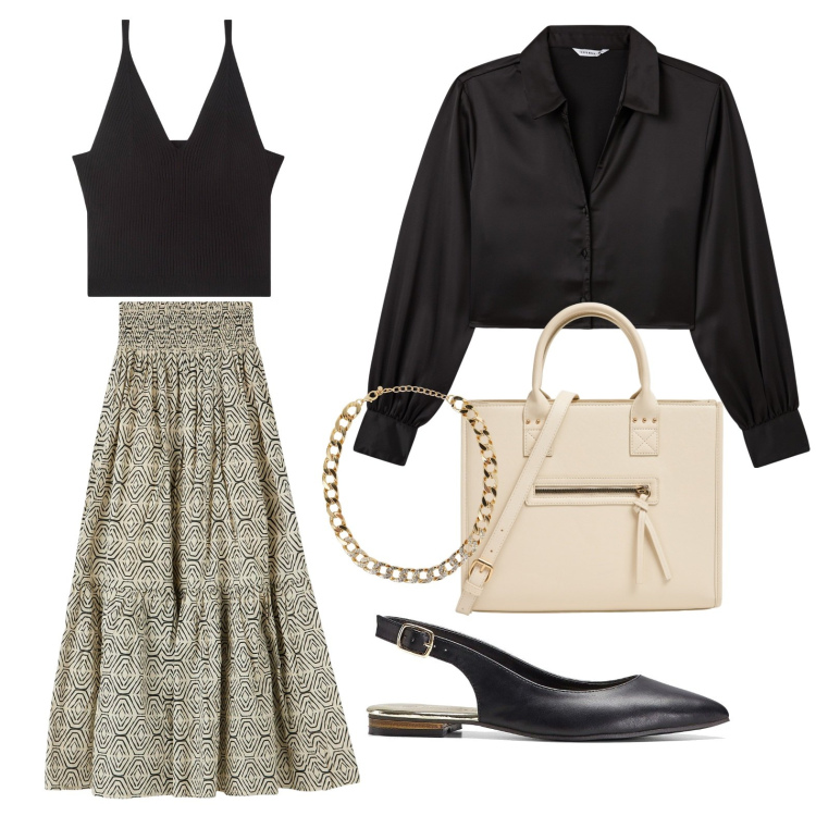 Outfit donna - Richiami gitani. Stile Romantica per Serata fuori. Abbinamento con ballerine, collane, top, gonne lunghe, shopping bag, camicie.