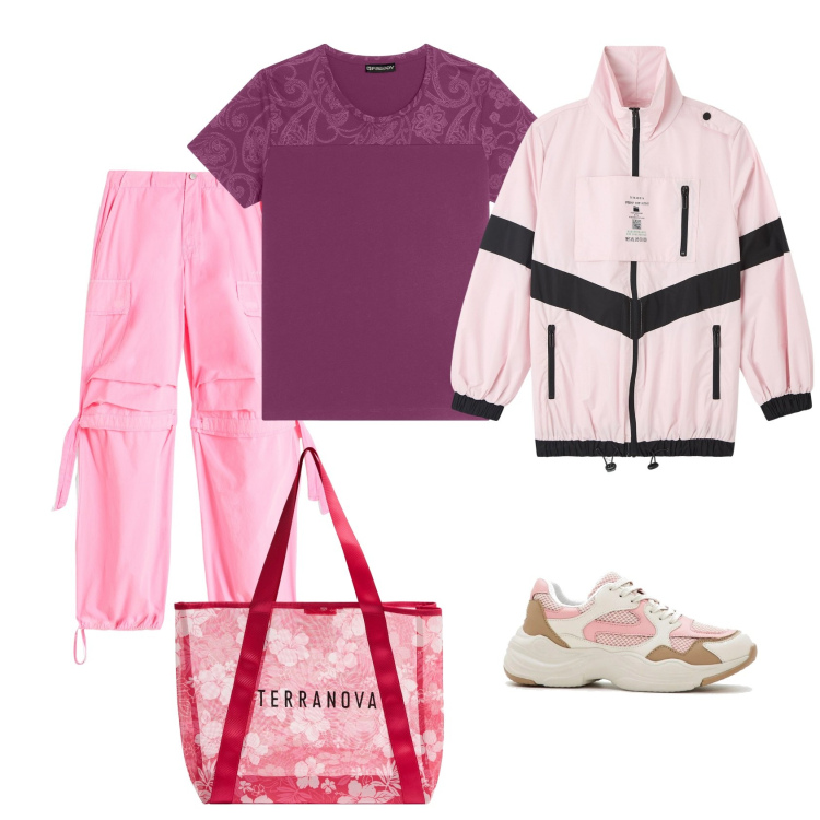 Outfit donna - Total look #2102471. Stile Minimal per Tutti i giorni. Abbinamento con sneakers, shopping bag, blazer, pantaloni cargo, t-shirt.