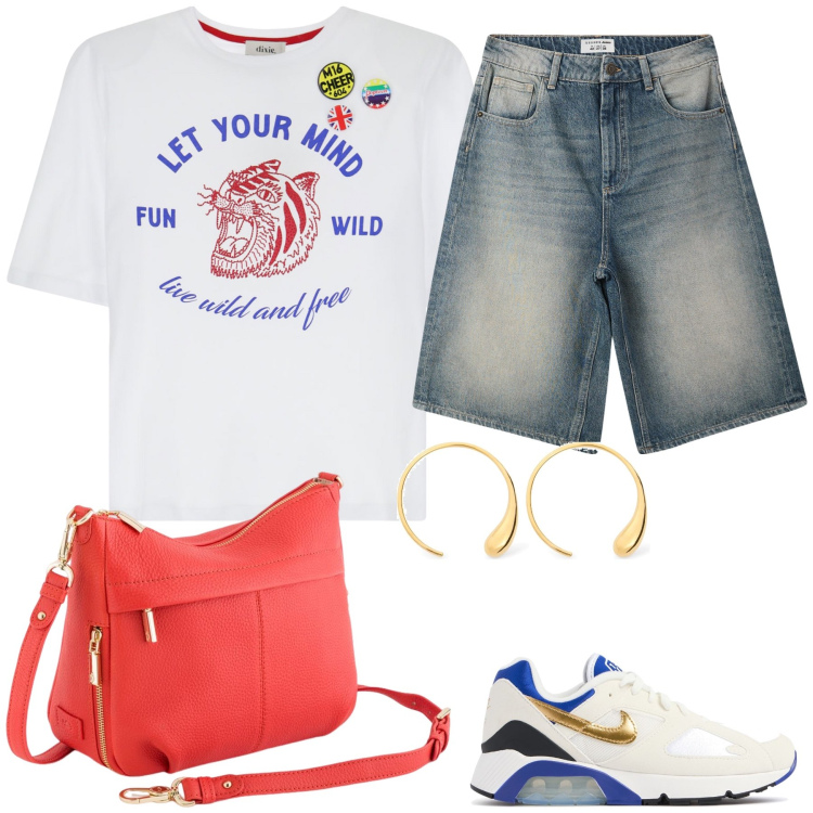 Outfit donna - Ottimo consiglio su tshirt. Stile Casual per Tutti i giorni. Abbinamento con bermuda, t-shirt, borse a tracolla, orecchini, sneakers.