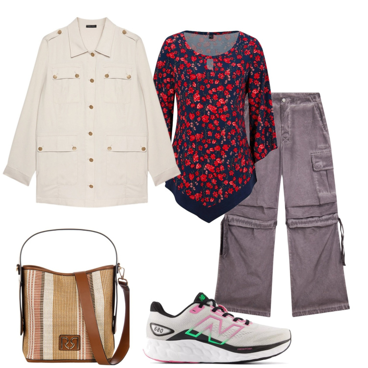 Outfit donna - Total look #2102474. Stile Minimal per Tutti i giorni. Abbinamento con maglieria, sneakers, borse a secchiello, pantaloni cargo, blazer.
