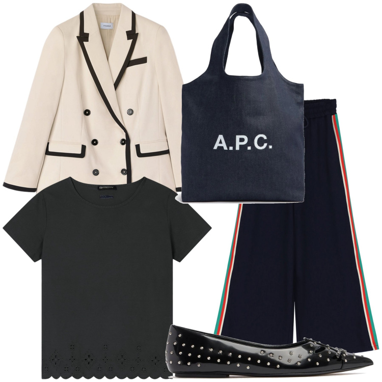 Outfit donna - Total look. Stile Urban per Ufficio. Abbinamento con t-shirt, pantaloni, blazer, shopping bag, ballerine.