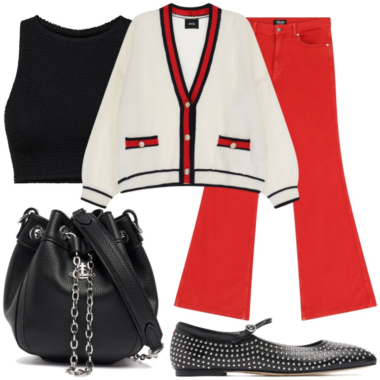Outfit donna - Rosso aprile. Stile Casual chic per Tutti i giorni. Abbinamento con pantaloni, cardigans, ballerine, top, borse a mano.