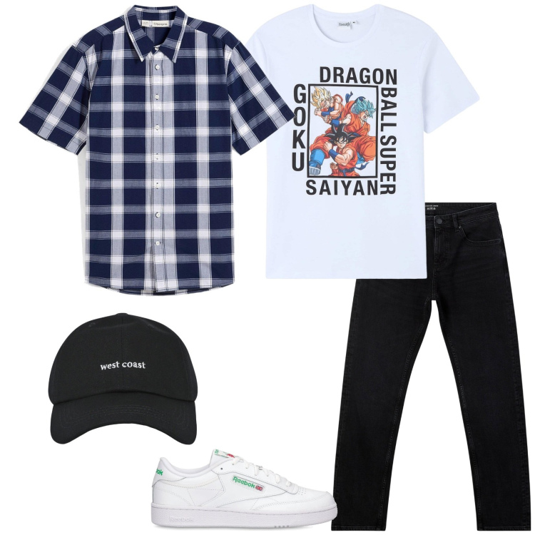 Outfit uomo - Total look #2102485. Stile Casual per Tutti i giorni. Abbinamento con camicie a manica corta, t-shirt, jeans, cappelli con visiera, sneakers.
