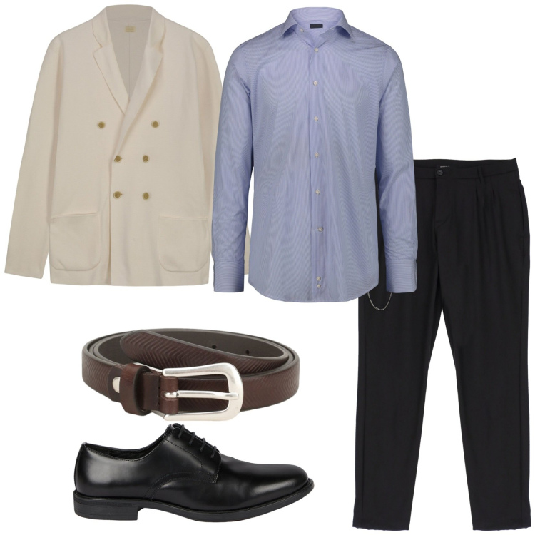 Outfit uomo - In ufficio. Stile Business/Elegante per Ufficio. Abbinamento con pantaloni, cinture, scarpe stringate, cardigans, camicie.