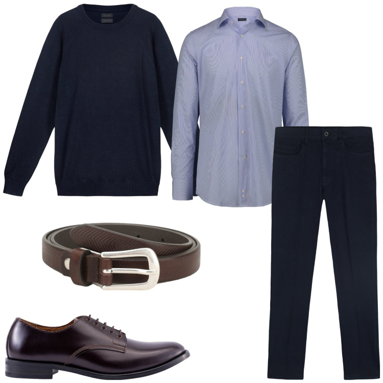 Outfit uomo - Classic casual man. Stile Casual per Ufficio. Abbinamento con cinture, camicie, scarpe stringate, pantaloni, maglieria.