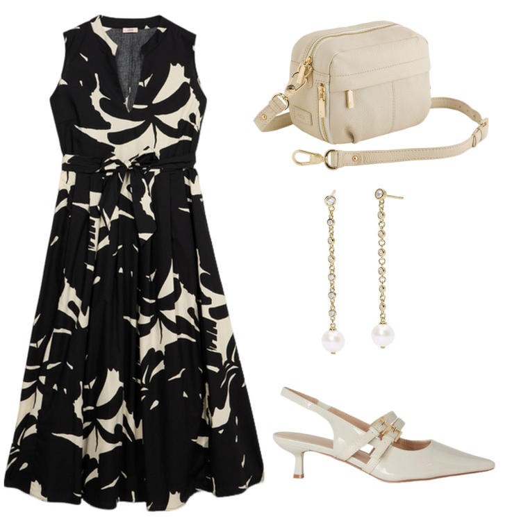 Outfit donna - Motivi, Oltre, Carpisa. Stile Chic per Serata fuori. Abbinamento con orecchini, vestiti lunghi, borse a tracolla, décolleté.