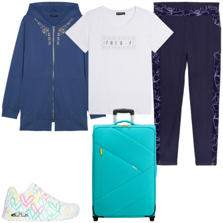 Outfit donna - Stampe floreali. Stile Basic per Tutti i giorni. Abbinamento con t-shirt, leggings, felpe con cappuccio, sneakers, valigie.