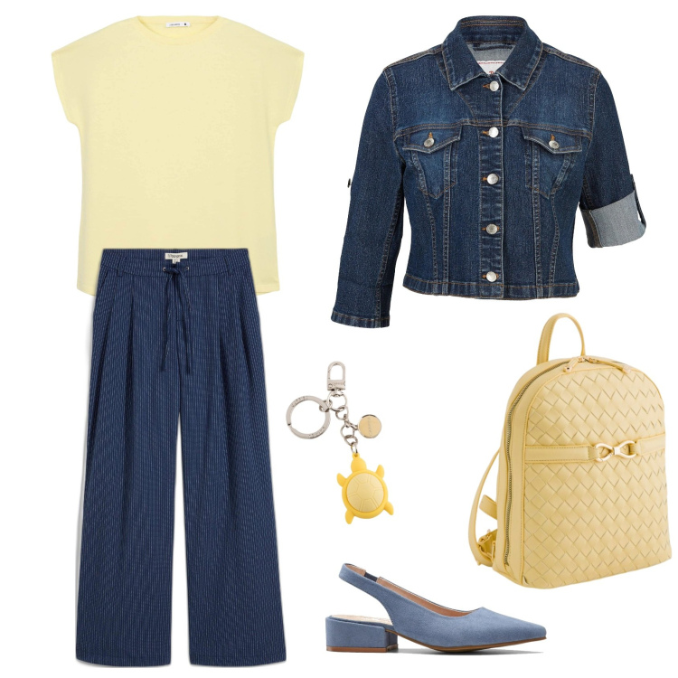 Outfit donna - Giallo e blu connubio perfetto. Stile Casual per Tutti i giorni. Abbinamento con décolleté, pantaloni, blazer, t-shirt, zaini, portachiavi.