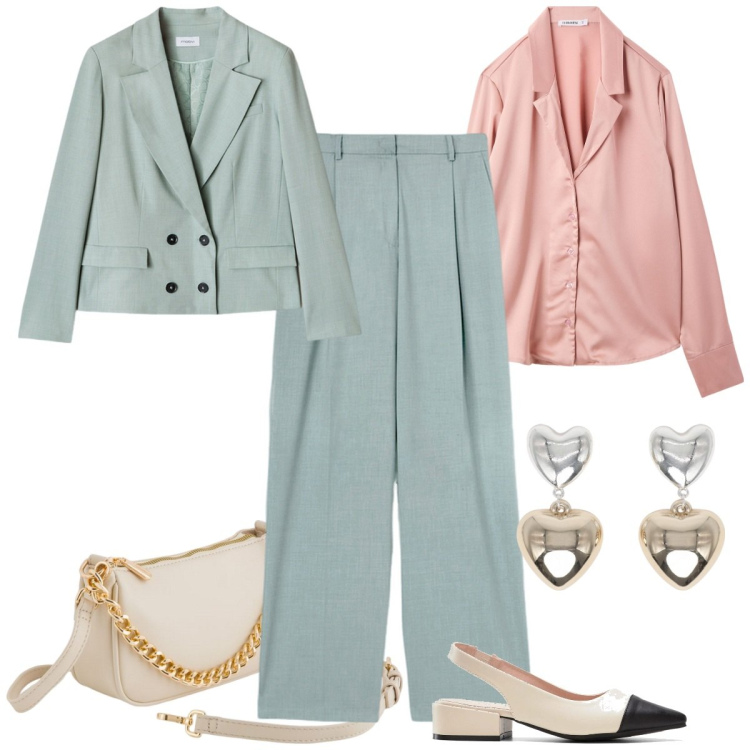 Outfit donna - Total look #2102500. Stile Mannish per Cerimonia. Abbinamento con décolleté, bluse, orecchini, borse a tracolla, pantaloni a palazzo, blazer.