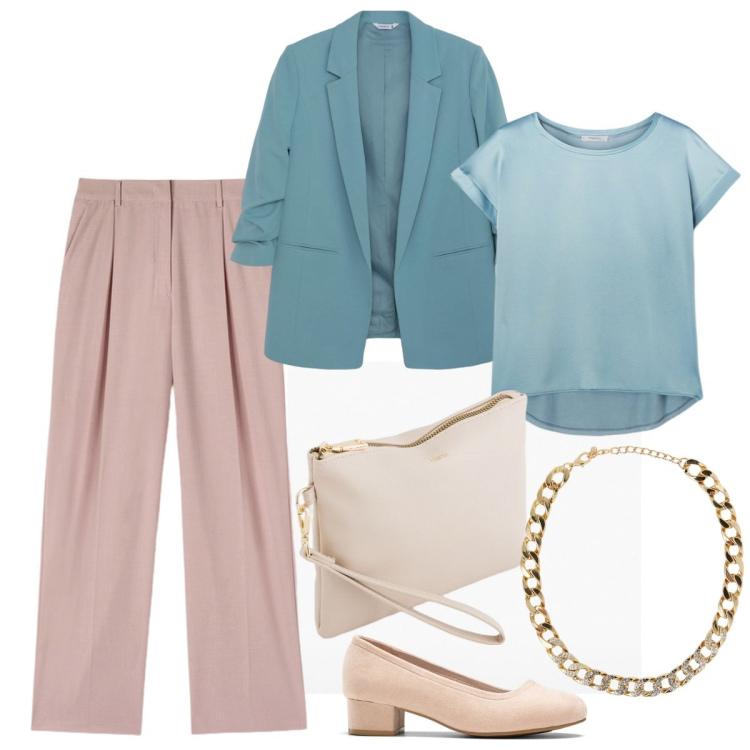 Outfit donna - Cerimonia informale-evento speciale. Stile Mannish per Cerimonia. Abbinamento con décolleté, collane, blazer, pantaloni a palazzo, t-shirt, pochette.