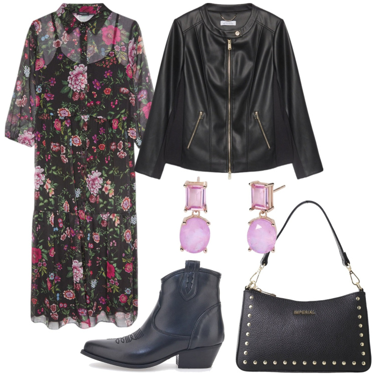 Outfit donna - Stampe floreali. Stile Trendy per Serata fuori. Abbinamento con orecchini, borse a spalla, vestiti lunghi, stivaletti texani, blazer.