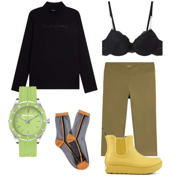 Outfit donna - Reggiseno I love you. Stile Trendy per Tutti i giorni. Abbinamento con reggiseni a balconcino, maglieria, orologi, leggings, stivali, calzini.