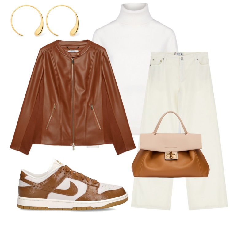 Outfit donna - Casual ogni giorno. Stile Casual per Tutti i giorni. Abbinamento con pantaloni, maglieria, sneakers, blazer, orecchini, borse a tracolla.