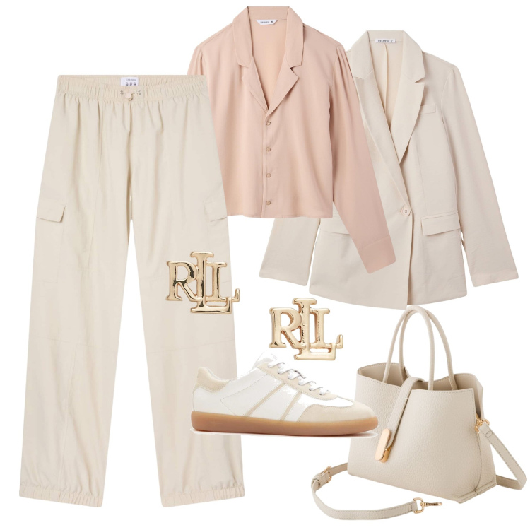 Outfit donna - Tonalità nude con i cargo. Stile Casual chic per Tutti i giorni. Abbinamento con sneakers, camicie, blazer, pantaloni cargo, orecchini, borse a mano.