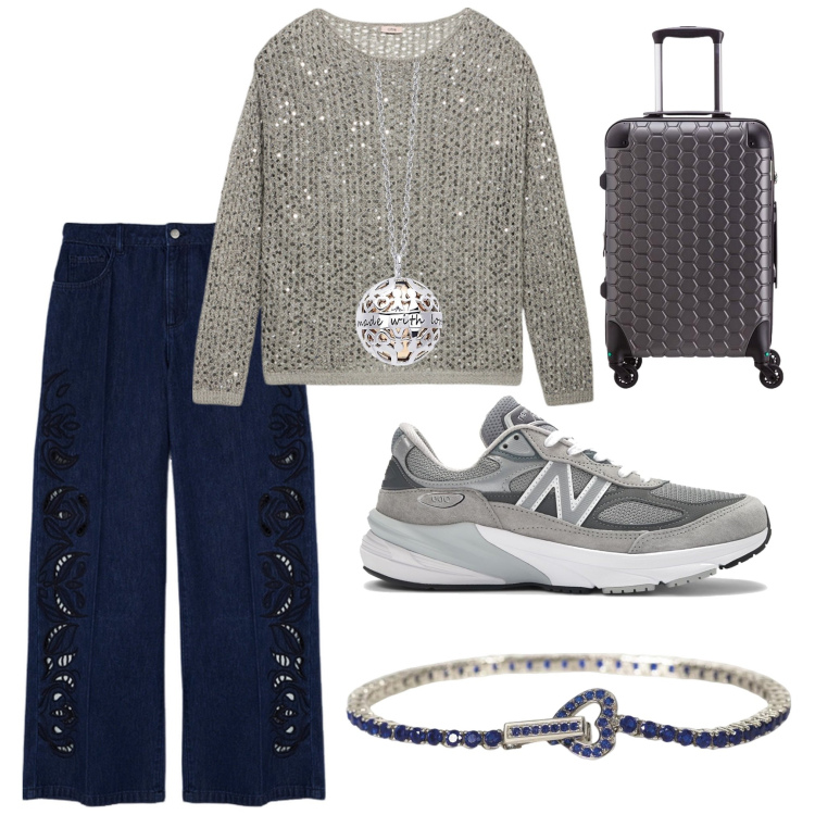 Outfit donna - Weekend!!. Stile Casual per Tutti i giorni. Abbinamento con collane, braccialetti, sneakers, maglieria, jeans, valigie.