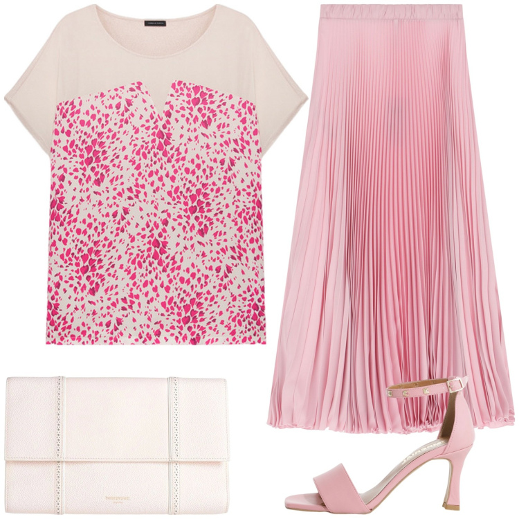 Outfit donna - Rosa Total look. Stile Casual chic per Tutti i giorni. Abbinamento con borse a mano, sandali col tacco, gonne lunghe, bluse.