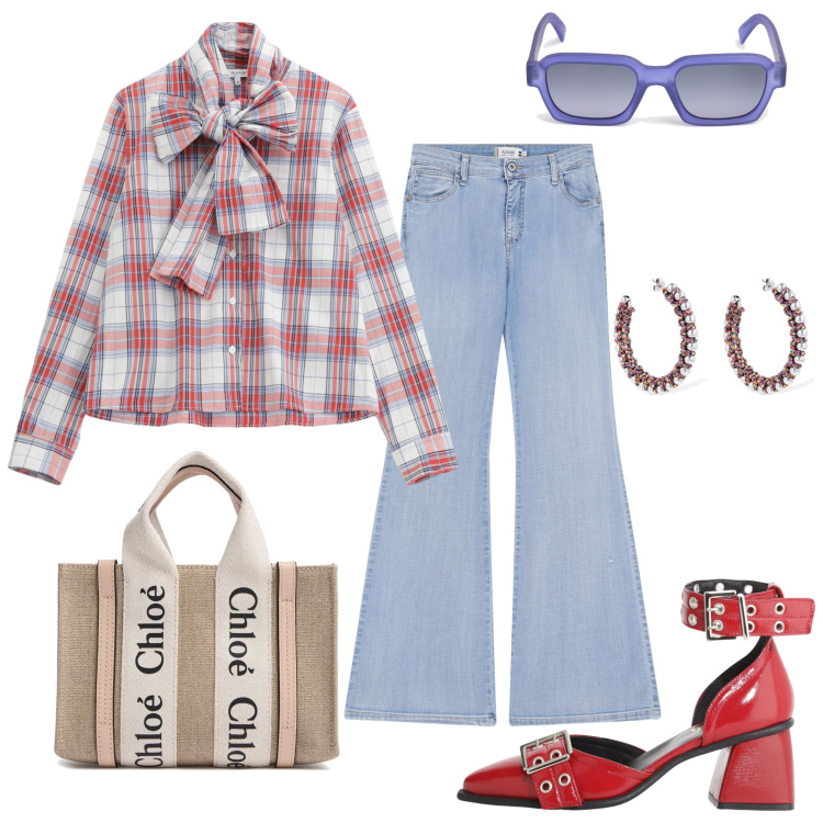 Outfit donna - Aria di Primavera. Stile Trendy per Tutti i giorni. Abbinamento con jeans a zampa, camicie, décolleté, borse a mano, orecchini, occhiali da sole.