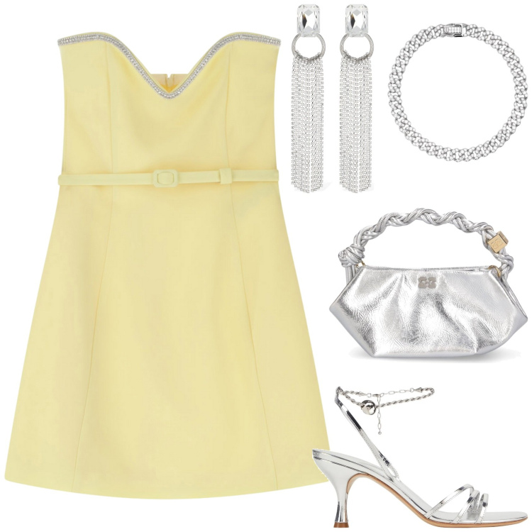 Outfit donna - Cerimonia in giallo burro!. Stile Chic per Cerimonia. Abbinamento con sandali in pelle, braccialetti, vestiti corti, borse a mano, orecchini.