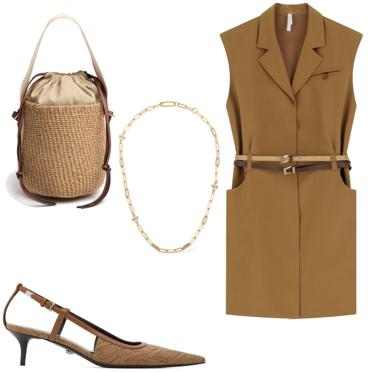 Outfit donna - Mini abito. Stile Casual chic per Tutti i giorni. Abbinamento con vestiti corti, borse a mano, collane, décolleté.