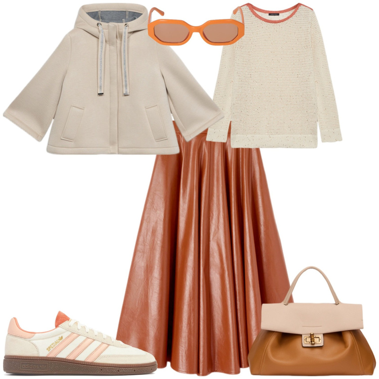 Outfit donna - Total look #2102535. Stile Casual chic per Tutti i giorni. Abbinamento con maglieria, occhiali da sole, sneakers, borse a tracolla, gonne longuette, cappe.
