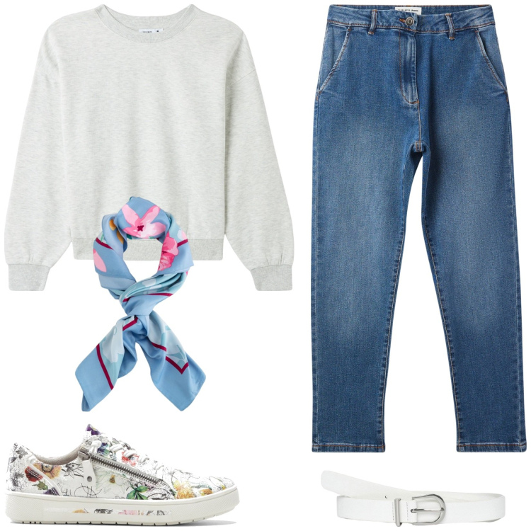 Outfit donna - Felpa. Foulard. Stile Basic per Tutti i giorni. Abbinamento con sneakers, jeans skinny, felpe, cinture, foulard.