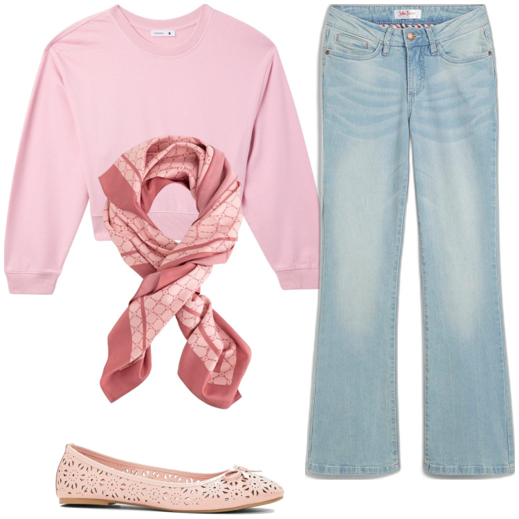 Outfit donna - Felpa e foulard. Stile Basic per Tutti i giorni. Abbinamento con ballerine, jeans bootcut, felpe, foulard.