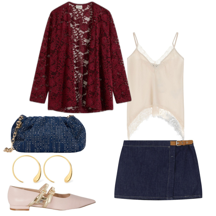 Outfit donna - Total look #2102552. Stile Casual per Serata fuori. Abbinamento con cardigans, minigonne, top, orecchini, ballerine, clutch.