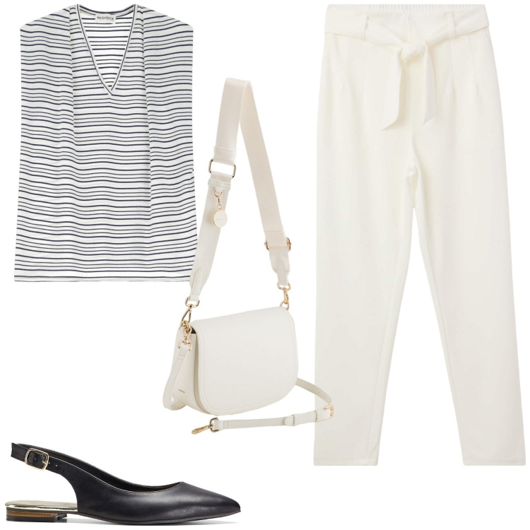 Outfit donna - Pantaloni chino. Stile Casual per Tutti i giorni. Abbinamento con ballerine, pantaloni chino, top, borse a tracolla.