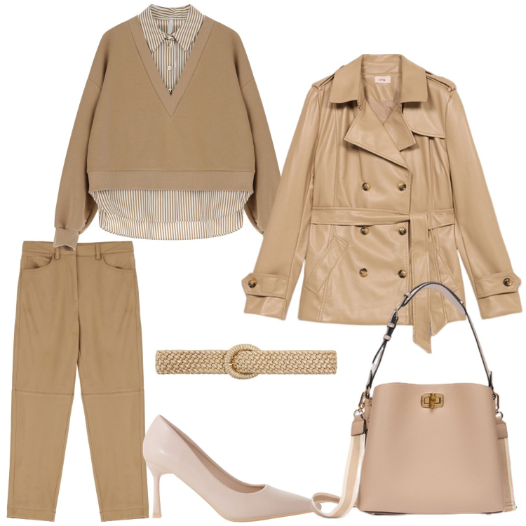 Outfit donna - Stile parigino. Stile Casual chic per Tutti i giorni. Abbinamento con cinture, décolleté, felpe, pantaloni chino, trench, borse a secchiello.