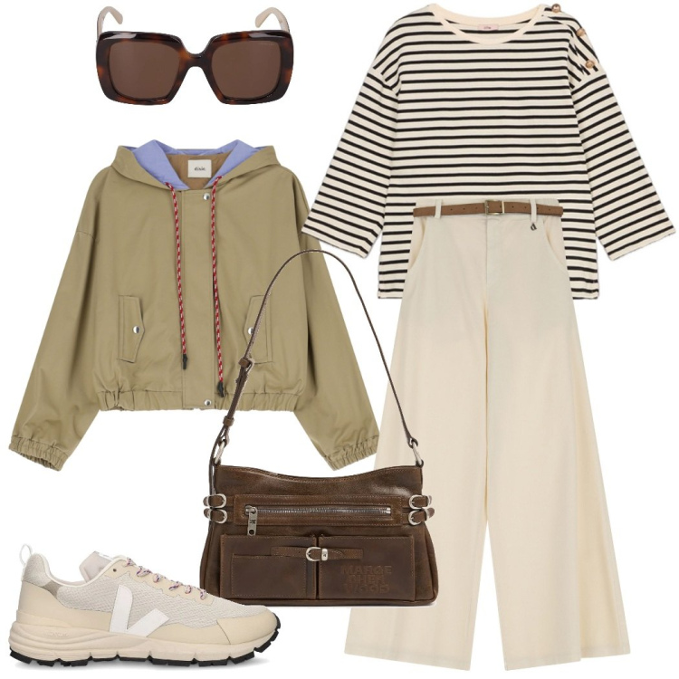 Outfit donna - Casual chic. Stile Casual per Scuola/Università. Abbinamento con parka, pantaloni a palazzo, sneakers, occhiali da sole, borse a spalla, t-shirt.