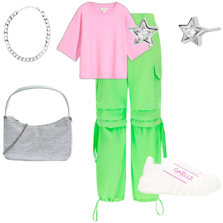 Outfit donna - Pranzo di Pasqua per una summer. Stile Sporty chic per Tutti i giorni. Abbinamento con t-shirt, sneakers, collane, borse a tracolla, orecchini, pantaloni cargo.