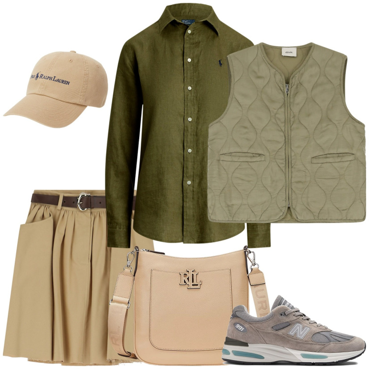 Outfit donna - Utility soft. Stile Military per Scuola/Università. Abbinamento con sneakers, minigonne, gilet, camicie, cappelli, borse a tracolla.