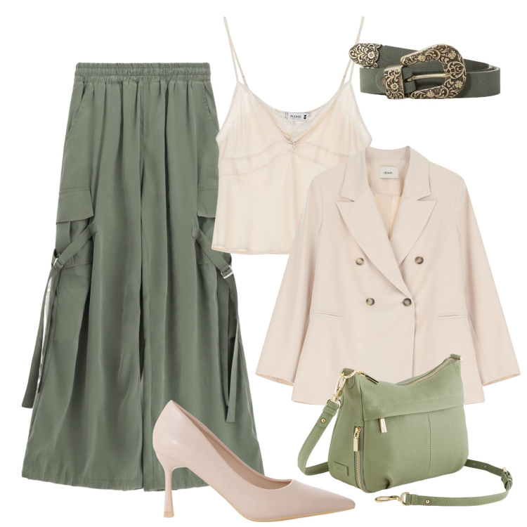 Outfit donna - Cargo fluidi e décolleté. Stile Trendy per Serata fuori. Abbinamento con top, pantaloni cargo, décolleté, blazer, cinture, borse a tracolla.