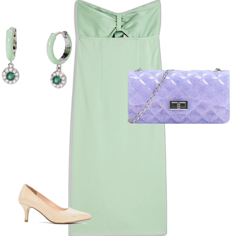 Outfit donna - Pranzo di Pasqua chic per una summer. Stile Glamour per Tutti i giorni. Abbinamento con vestiti, décolleté, borse a tracolla, orecchini.