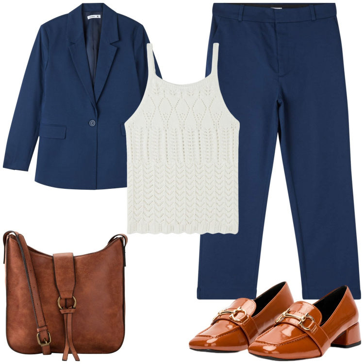 Outfit donna - Il completo blu per il lavoro. Stile Casual chic per Tutti i giorni. Abbinamento con borse a tracolla, pantaloni chino, blazer, top, mocassini.