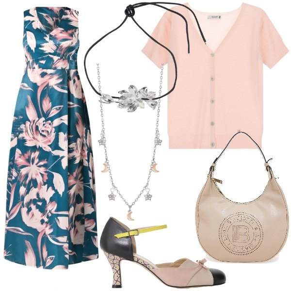Outfit donna - Curvy Stampe floreali rivisitate. Stile Glamour per Tutti i giorni. Abbinamento con collane, vestiti lunghi, cardigans, décolleté, collane, borse a spalla.
