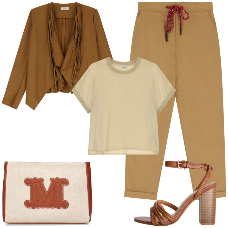 Outfit donna - Completo mix. Stile Casual chic per Tutti i giorni. Abbinamento con pantaloni chino, t-shirt, blazer, pochette, sandali col tacco.