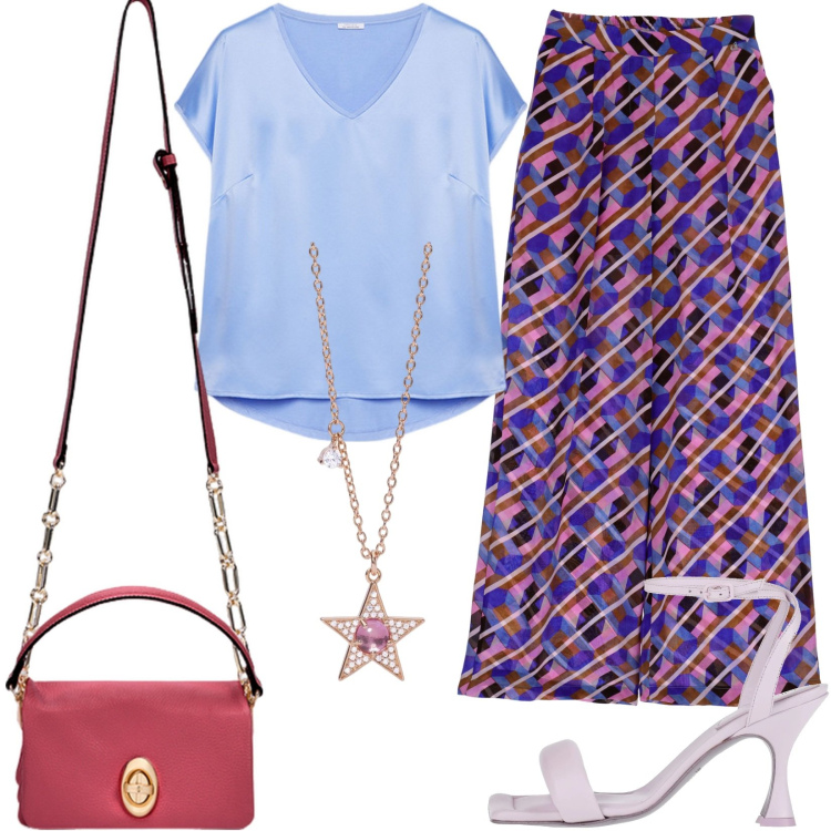 Outfit donna - Mix chic. Stile Casual chic Abbinamento con sandali in pelle, collane, pantaloni a palazzo, t-shirt, borse a tracolla.