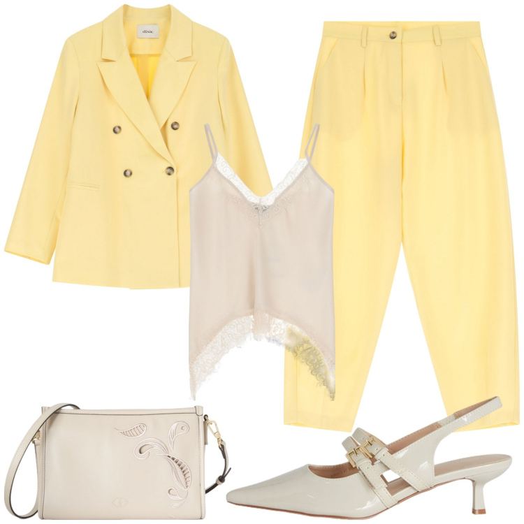 Outfit donna - Completo giallo per il giorno. Stile Casual chic per Tutti i giorni. Abbinamento con pantaloni, blazer, top, borse a tracolla, décolleté.